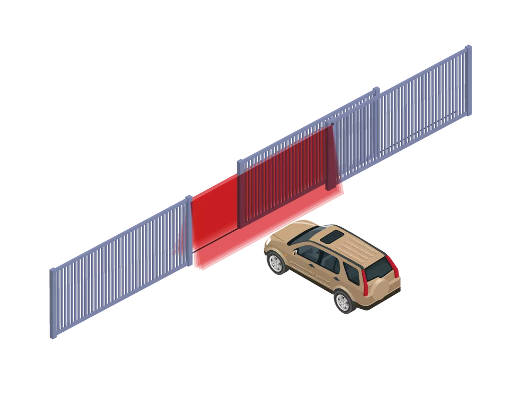 Industrietor mit intelligentem Zutrittssystem und Sicherheitsmechanismen, das ein Fahrzeug durchlässt.